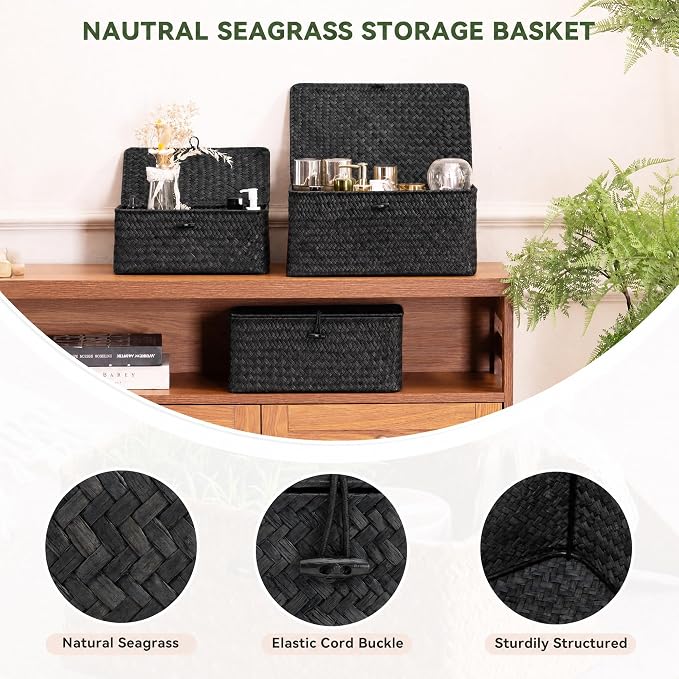 Nonam Storage Basket with Lid, Natural Seagrass Bin with Lid Set of 3, Shelf Baskets Multipurpose Container for Boho Decoration, Rectangular Household Storage Boxes for Home Organization-Black - Image 7