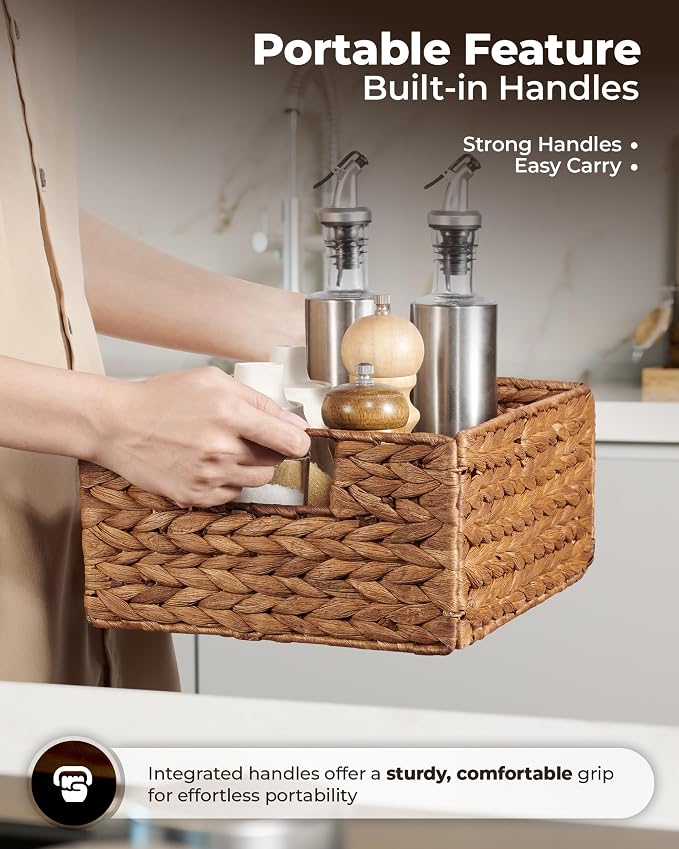Bluewest Woven Water Hyacinth Storage Baskets with Handles, 6-Pack, Brown | Organizer and Laundry Basket with Carrying Handles, Designed as a Rattan Bin for Shelves, Closets and Household Essentials. - Image 9
