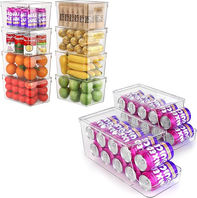 theaoo Large Stackable Refrigerator Organizer Bins AND Soda Can Dispenser for Refrigerator with Lids by theaoo