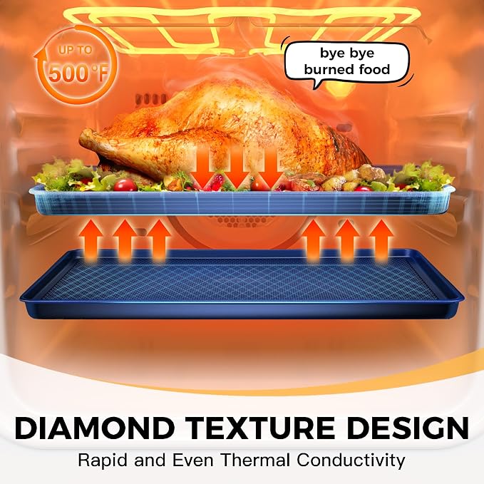Baking Sheet Pan Set, Cookie Sheets for Oven, Nonstick Half/Quarter/Jelly Roll Pans with Diamond Texture Pattern, Heavy Duty Cookie Tray, Dark Blue - Image 7