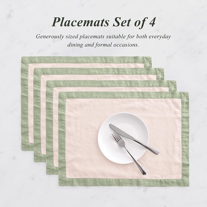 Linen World 100% French Linen Placemats Set of 4,21 x 15 Inch Double Layer Table Mats,Washable Heavyweight Placemats for Holiday Dining Kitchen Decor,Blush Pink with Sage Green Contrast Border - Image 7