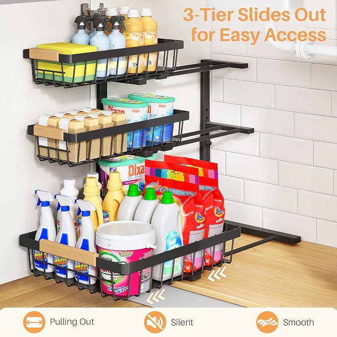 PXRACK Under Sink Organizer, 1-Pack 3-Tier Height Adjustable Thickened Metal Pull out Cabinet Organizer Shelf, Slide out Storage Drawer Rack for Bathroom Kitchen Pantry Home Organization, Black - Image 6