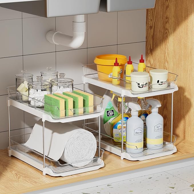 Delamu 3 Pack 2-Tier Bathroom Under Sink Organizers and Storage, Multi-Purpose Stackable Pantry Organization and Storage, Pull Out Clear Kitchen Bathroom Cabinet Organizer with Movable Dividers, White - Image 6