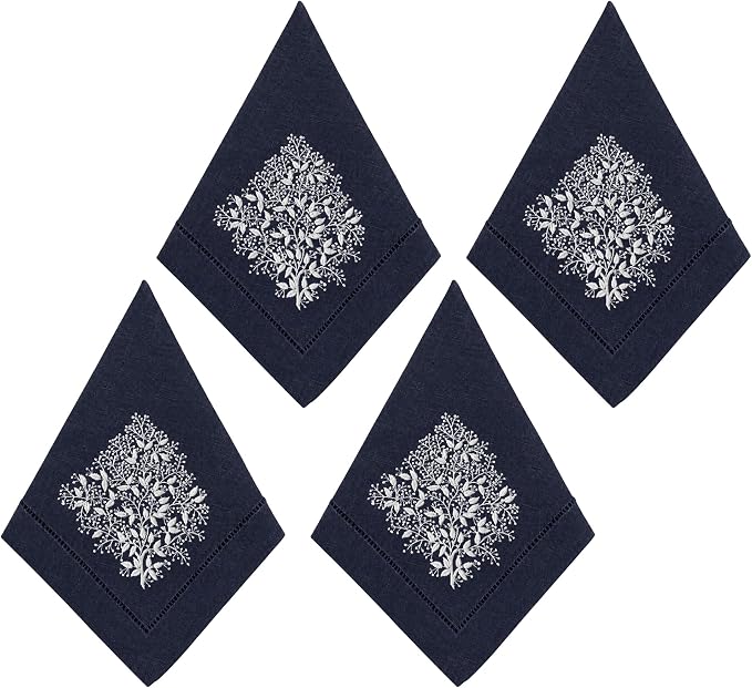 Cloth Napkins Set of 4, 20x20 inch, 100% Linen Hand Embroidered French Knot, Reusable & Machine Washable, Elegant Table Napkins for Dinner, Weddings, Parties (Navy) by EmbroideryLinenVN