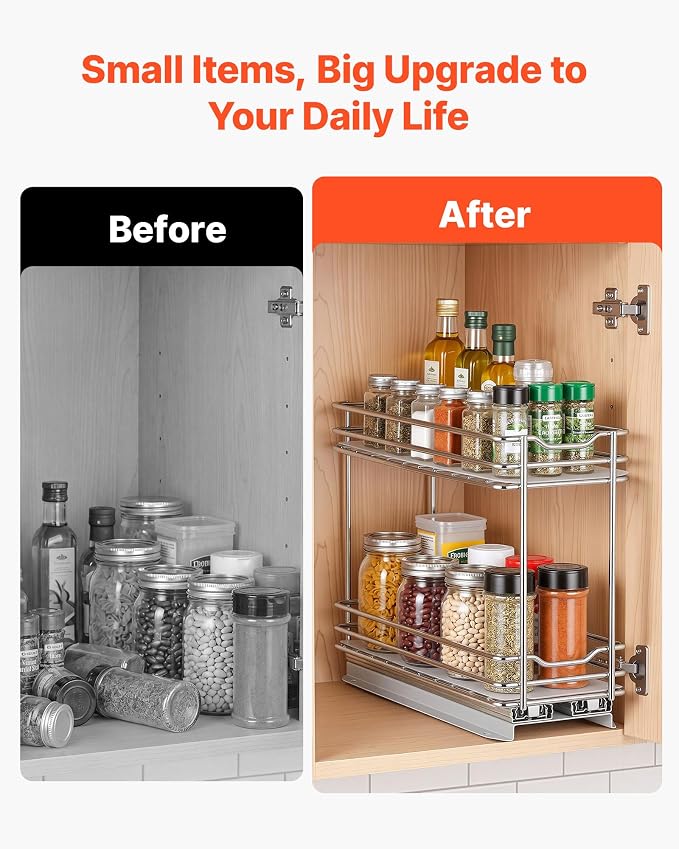 VEVOR Pull Out Spice Rack Organizer for Cabinet, 2 Tier Slide Out Spice Rack Organizer, Heavy Duty Metal Seasoning Kitchen Basket for Inside Cabinets & Pantry Closet, 4.33"W x 8.46"D x 10.43"H, Silver - Image 6