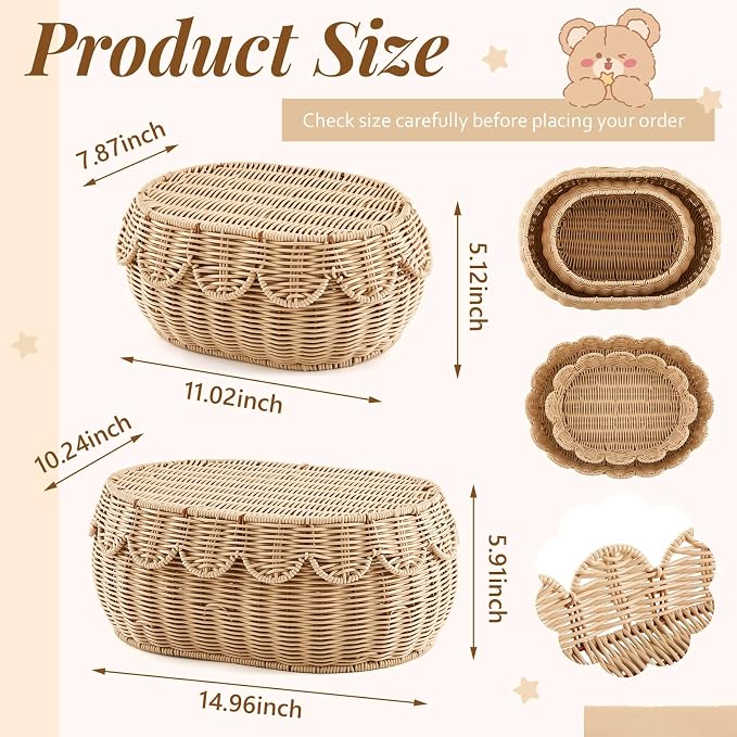2 Pcs Scalloped Rattan Baskets, Baby Diaper Caddy, Imitation Woven Rattan Wicker Storage Baskets Plastic with Lid for Nursery Storage Organizer Bathroom Decor (Natural,Small,Medium) - Image 2
