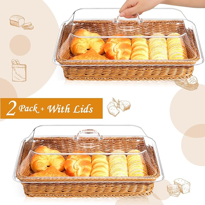 Mumufy 2 Pack Wicker Large Bread Basket with Acrylic Lid Housewarming Gift Woven Rectangular Imitation Rattan Fruit Basket with Cover for Serving Food Display Tabletop Home Kitchen(15.75x11.81'') - Image 3