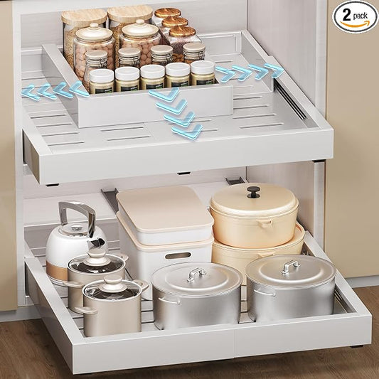 2 Pcs Pull Out Cabinet Organizers, Width (12"-19") and Depth (17"-23") Expandable With 3 Slides, No Drill Slide out Drawers Adhesive Film or Nail Cabinets Without Lip in Kitchen, Bathroom by MakfonerCabinetOrganizer