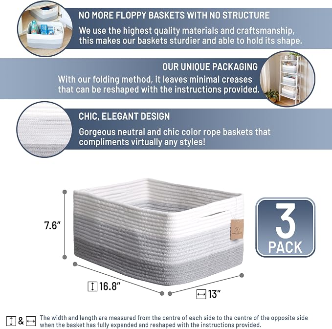 NaturalCozy Storage Baskets 16.8”x13”x7.6” Cotton Rope Woven Baskets for Organizing 3-Pack | Toy Storage Bins | Basket for Shelves, Laundry, Blanket, Clothes, Closet, Kitchen, Bathroom, Gifts - Image 2