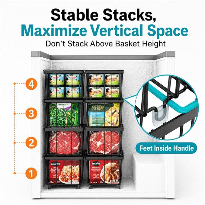 Chest Freezer Organizer Bins - Small Baskets for 7 Cu.Ft, 6 Pack | Easy Access Handles, Stackable Deep Freezer Wire Baskets, Vertical Space Sorts for Frozen Meat, Vegetable and Bagged Items - Image 6