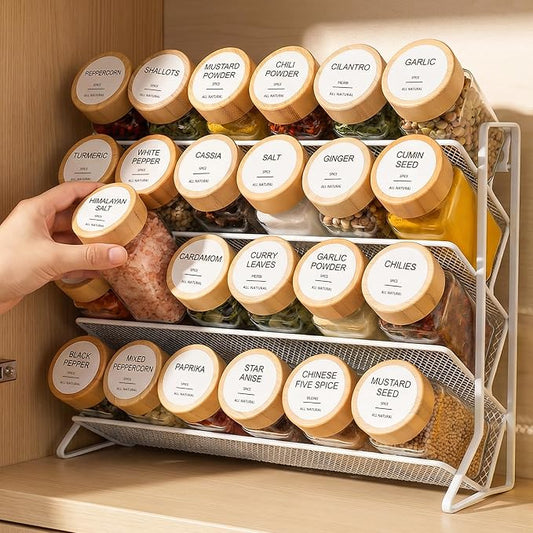 Spice Rack Organizer with Spice Jars & Labels for Countertop & Cabinet | 4-Tier Metal Spice Rack Organizer, 4 fl oz 24 Spice Jars with Bamboo Airtight Lids, 398 Labels for Kitchen Cabinet & Pantry by AISIPRIN