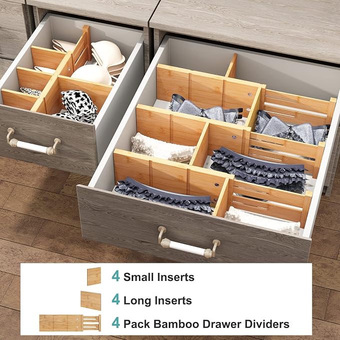 4.4" High Drawer Dividers with Inserts, Bamboo Drawer Dividers for Clothes, Expandable from 12-17.5", Adjustable drawer organizer for Bedroom, Kitchen & Office, 4 Dividers with 8 Insert. - Image 3
