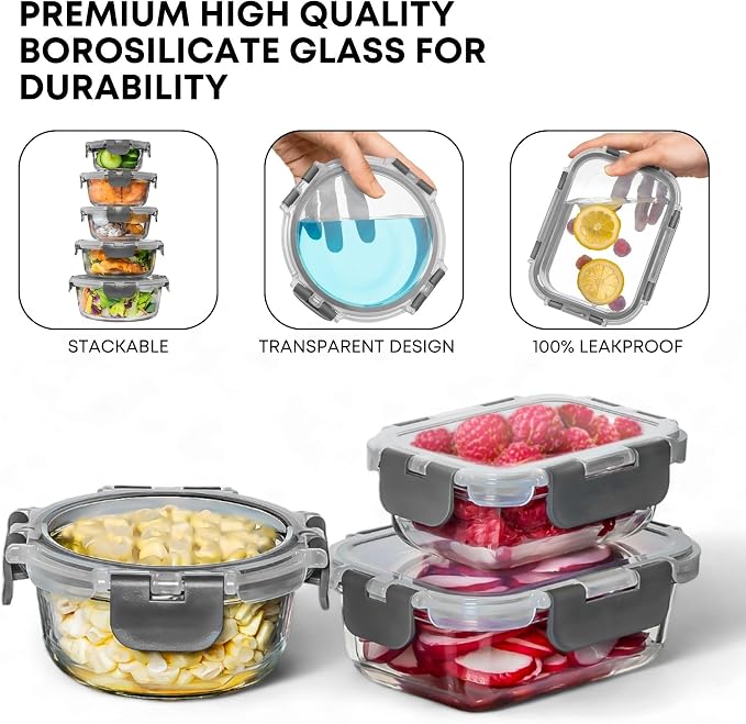 Razab 30 PC Glass Food Storage Containers with Lids - Reusable Glass Meal Prep Containers for Lunch and Leftovers - Airtight & Leakproof Snap Locking Lids - Oven, Freezer, Microwave & Dishwasher Safe - Image 7
