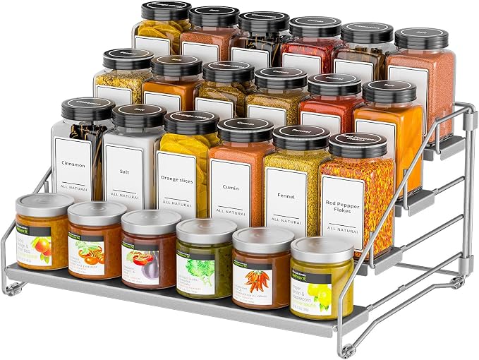 BOIVSHI Spice Rack, Depth Adjustable Spice Organizer for Cabinet, Gray | 4 Tier Spice Rack Organizer for Countertop, Metal Space-saving for Pantry, Seasoning Organizer No-screw Assembly, 1 Pack by BOIVSHI