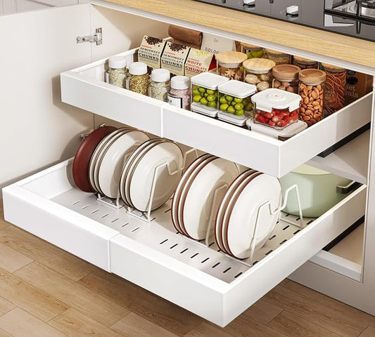 Seinloes 2Pack Pull out Cabinet Organizer 21"Deep with 4 Adjustable Dividers,Expandable（12.1"-20.4"W） Pots and Pans Organizer Under Cabinet with Raising Pad for Framed Cabinets,Slide out Drawers,White by Seinloes