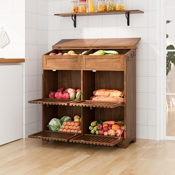 Potato Storage Bins, Fruit and Vegetable Storage, Kitchen Pantry Cabinet | Tall Large Potato and Onion Storage Bin, with 4 Doors, 3 Tier, Mid Century Modern, Wooden, Magnetic Flip top, Walnut - Image 7