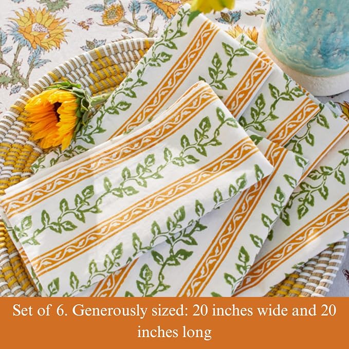 100% Yellow Cotton Dinner Napkins, Set of 6, Hand Printed Sunflower Serenade Design, Fair Trade, Washable Cloth Napkins for Parties & Cocktails 20x20 in - Image 4
