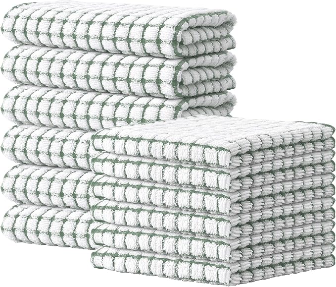 Kitinjoy Cotton 12 Pack Kitchen Towels and Dishcloths Sets, Grass Green | 16 x 25 Inch & 12 X 12 Inch Dish Towels Bulk, Super Soft and Absorbent hand towels for kitchen Drying by Kitinjoy