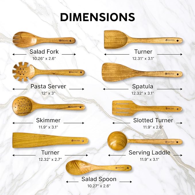 Zalvio 10-Piece Acacia Wood Utensil Set – Handmade Wooden Spoons with Spoon Rest | Heat-Resistant Eco-Friendly Cooking Tools for Nonstick Cookware - Image 2