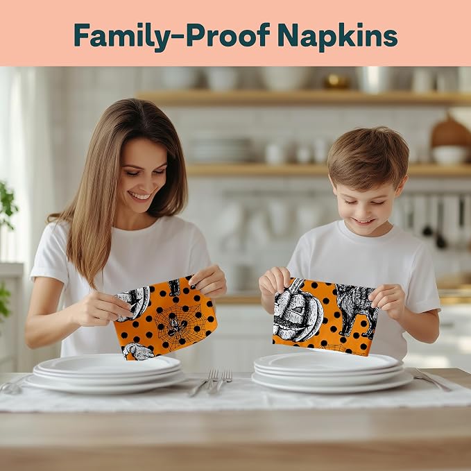Halloween Cloth Napkins | Black Cat Spiders Spiderweb Pumpkin Table Decor | Home Dining Room and Kitchen | Absorbent, Washable, Reusable, Stain & Wrinkle Resistant | USA Made - 4pack - Image 5