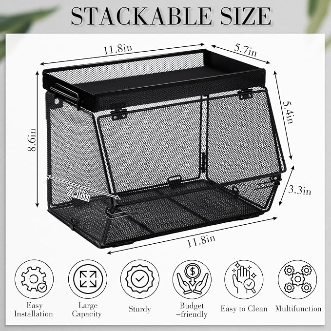 Teenyyou 2 Pcs Stackable Mesh Fruit Basket with Lid Wall Produce Vegetable Storage Basket Onion Potato Hanging Metal Wire Container for Kitchen Counter Pantry(Removable,Black,7.1" w & 11.8" l) - Image 3