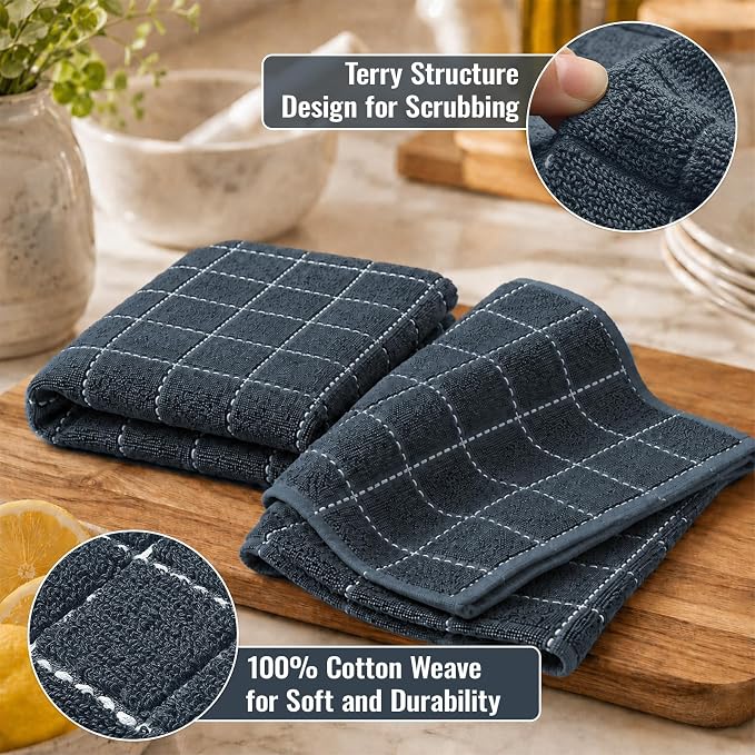 Kitinjoy 100% Cotton Terry Kitchen Towels, 13”x 28”, 4-Pack, Dark Grey | Checkered Designed, Ultra Soft Absorbent Quick Drying Dish Towels - Image 2