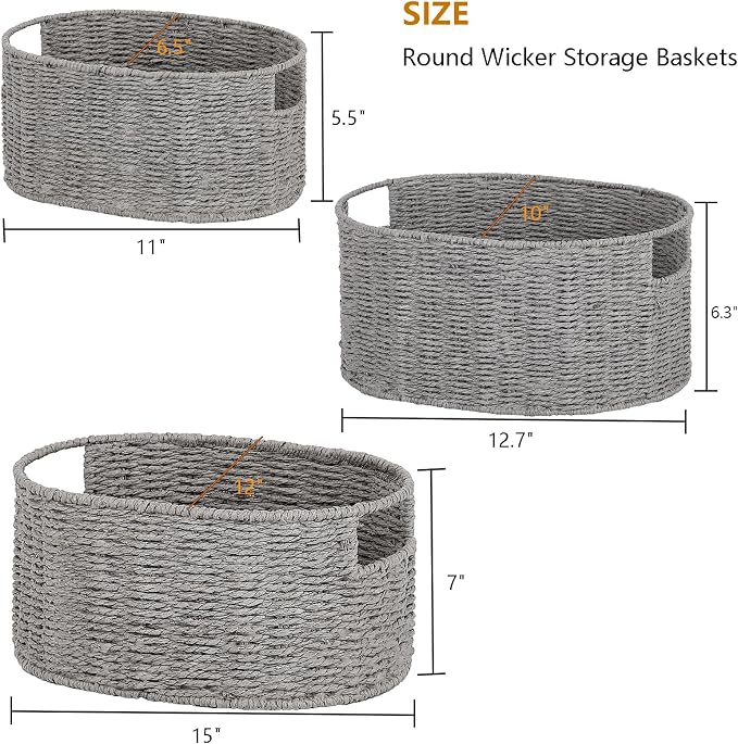 Wicker Storage Basket, Set of 3 Hand-woven Storage Baskets for Organizing, Round Large Wicker Baskets for Storage Decor, Pantry Storage Cubes Organization Baskets for Shelves, Grey - Image 7