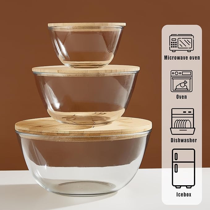Glass Mixing Bowls with Bamboo Lids, 3 Packs Glass Bowls with Lids Set(4.7QT, 2.1QT, 0.8QT), Large Capacity Salad Bowls, Nesting Containers Microwave Safe Baking Bowls for Kitchen - Image 6