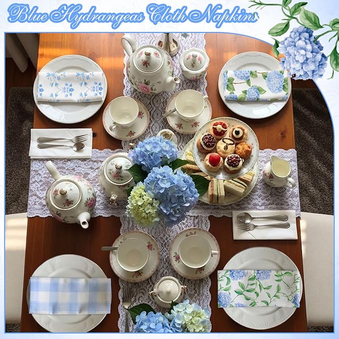 12 Pcs Floral Cloth Napkins 6 Patterns Washable Dinner Tea Party Napkins Reusable Plant Flowers Square Napkin Cotton Towel Decorative for Summer Wildflower Party(Blue Hydrangea) - Image 5