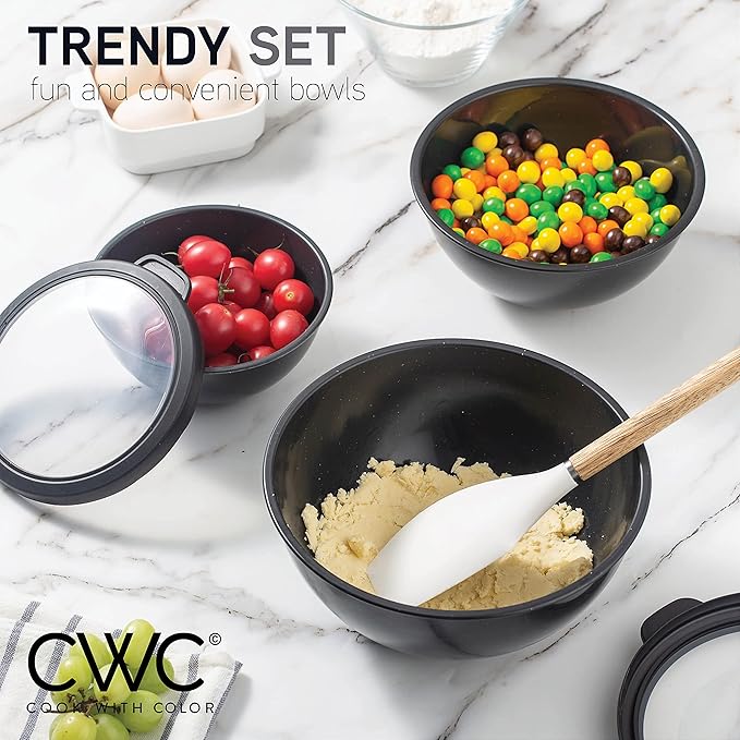 COOK WITH COLOR Mixing Bowls with TPR Lids - 12 Piece Plastic Nesting Bowls Set includes 6 Prep Bowls and 6 Lids, Microwave Safe (Speckled Black) - Image 7