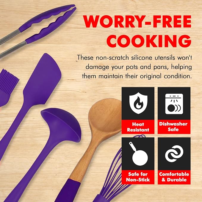 Chef Craft Premium Silicone Kitchen Tool and Utensil Set, 11 Piece, Purple - Image 3