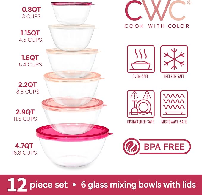 COOK WITH COLOR 12 Pc Glass Mixing Bowl Set with Lids – Borosilicate Glass Nesting Bowls for Cooking, Baking and Meal Prep, Rose - Image 2