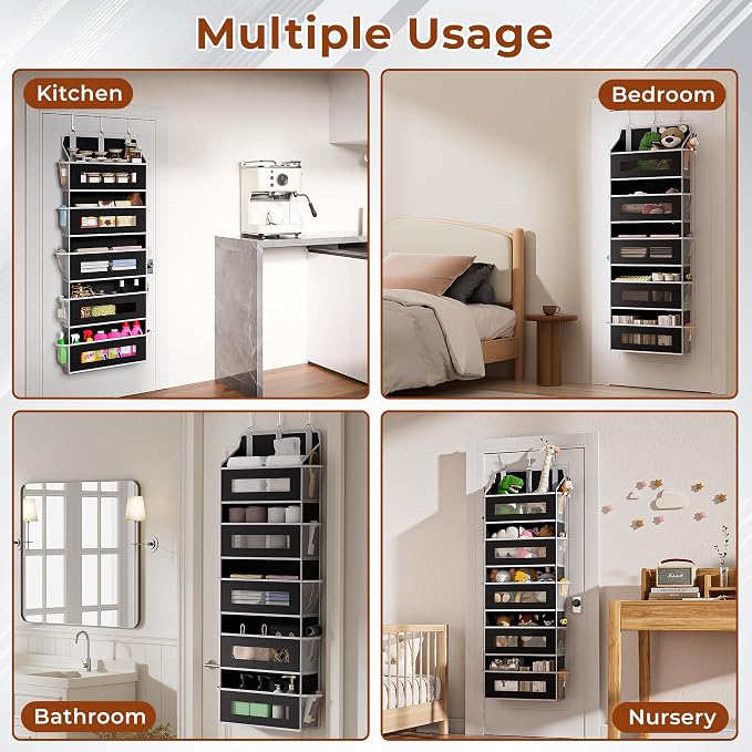 2 Pcak 5 Tier Over The Door Organizer - Large Capacity Behind Door Hanging Shelves with 10 Mesh Pockets and Clear Windows, Closet Organizers and Storage for Bathroom, Bedroom, Nursery, Black - Image 7