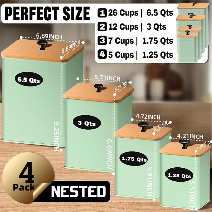 Kitchen Canister Set of 4, Sage Green Airtight Metal Flour Sugar Containers | 4 Practical Capacities, Flat Bamboo Lids, Wide Openings, Reusable Chalkboard Labels & Marker, Countertop and Pantry Organized - Image 2