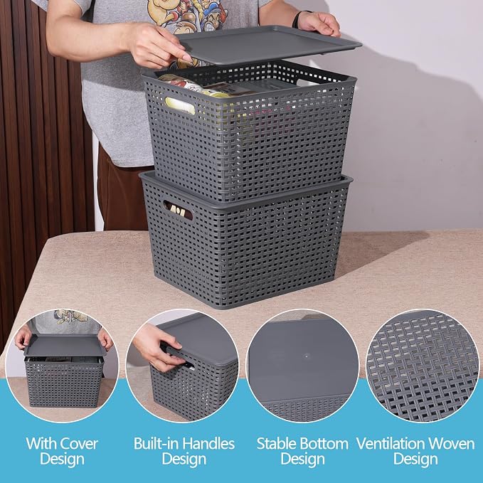 6-Pack Large Plastic Storage Baskets with Lid, Stackable Bins | 13.98" x 11.57" x 8.66", Organizer Bins for Office, Bathroom, Kitchen, Pantry, Gray - Image 3