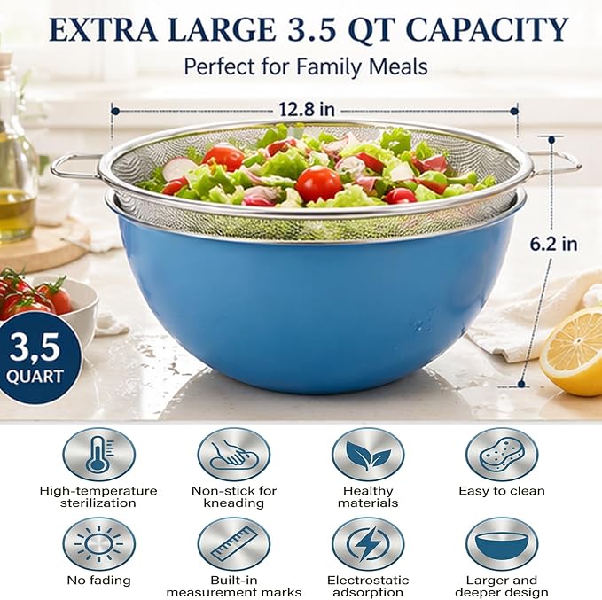 18/8 Stainless Steel Colander with Mixing Bowl, 3.5QT | 1 nesting mixing bowls with measurement marks and 1 fine 30-mesh strainers for rice,vegetables, pasta, baking, and food prep - Image 4