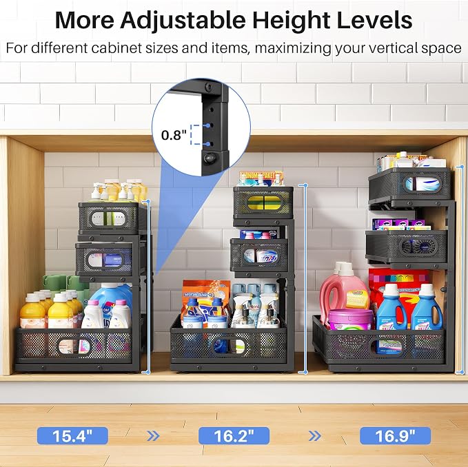 Under Sink Organizer, 3-Tier Thickened Metal Pull out Cabinet Organizer Shelf, Height Adjustable Slide out Storage Drawer Rack for Kitchen Bathroom Pantry Laundry Home Organization, 1-Pack, Black | 35% Extra Storage Capacity, Carbon Steel, Hold Up 55lb... - Image 8