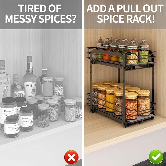 BOIVSHI Spice Rack Organizer for Cabinet, 2 Tier Pull Out Spice Organizer for Cabinet Height Adjustable Heavy Duty Metal Basket for Inside Cabinets & Pantry Closet (5.5''Wx10.5''Dx9.5''H) - Image 3