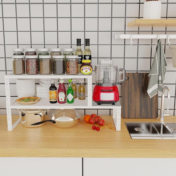 Jojocross Expandable Cabinet Shelf Organizer Storage Spice Rack Shelves for Kitchen Stackable Adjustable Pantry Cupboard Bathroom Countertop Desktop(2Packs/White/Large) - Image 2