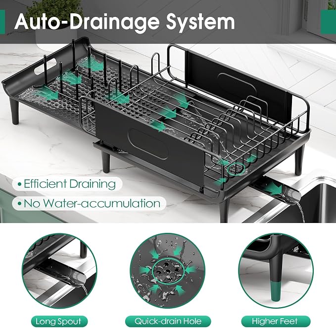 Urackify Expandable Dish Drying Rack with Drainboard for Kitchen Counter | Expands from 16.9 to 26.6 inches to fit more dishes, plates with fast drainage and flexible placement for any sink - Image 6