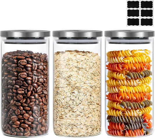 ComSaf Glass Food Storage Containers with Stainless Lids, 44 OZ Clear Glass Jar with Lid, Glass Containers with Lids set of 3, Flour Container for Pasta Sugar Tea Coffee Bean, Kitchen Canister Set by ComSaf