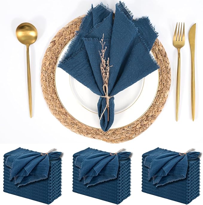 36 Pack Royal Blue Napkins, 12 x 12 Inch Cotton with Fringe Settings | Handmade washable reusable cotton dinner napkins in bulk for weddings, parties, rustic boho table settings by FXKS