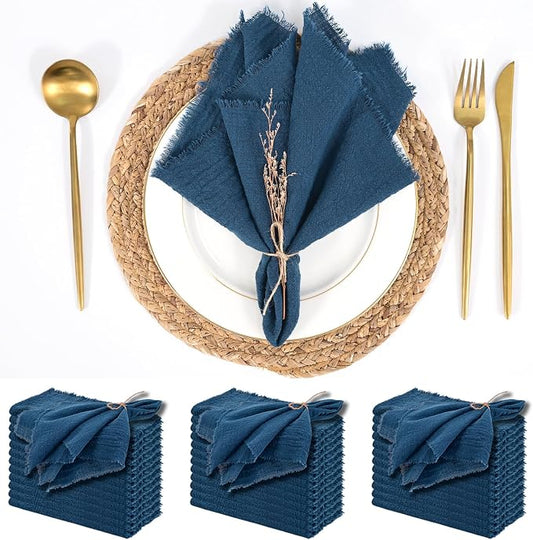 36 Pack Royal Blue Cloth Napkins, 16 x 16 Inch Cotton with Fringe Settings | Handmade washable reusable cotton dinner napkins in bulk for weddings, parties, rustic boho table settings by FXKS