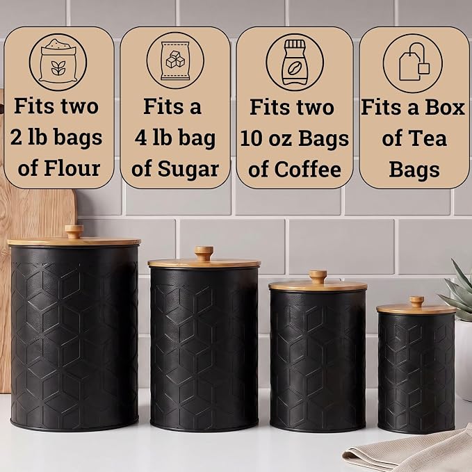 Kitchen Canisters for Countertop Set of 4, Textured Iron w/ Airtight Lids | Airtight Easy Open Bamboo Lids - Dent-Resistant Thick Metal - Sturdy Comfortable Bamboo Handles - Raised Textured Pattern - Image 3