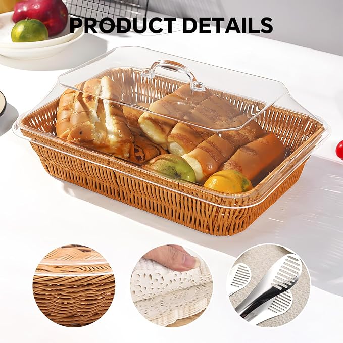 Rattan Bread Baskets, 3 Pack, rectangular Woven Baskets with Acrylic Lids, 13.8 x 9.8 inches, Stainless Steel Tongs, Lace Doilies, for Bread, Fruit, Food Display - Image 4