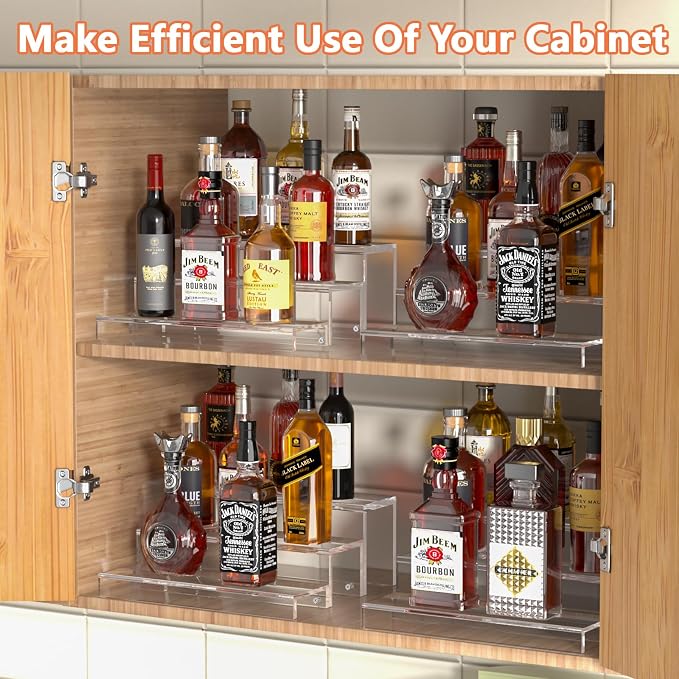 JUESHA 3 Tiers Bar Shelves for Liquor Bottles (Patent: D1076520S) | 15" Bar Organizer for Countertop, Clear Acrylic Risers Display Racks Stands for Figures Pops Cupcake Perfume Collections - Image 5