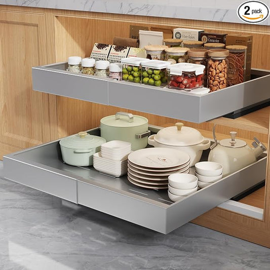 Seinloes 2 Pack Pull Out Cabinet Organizers 21"Deep With Raising Pad for Framed Cabinets,Expandable Slide Out Drawers Upgrade 3 Slide Rails,Roll Out Shelves Adhesive,Adjustable Width 12"-20.45" Silver by Seinloes