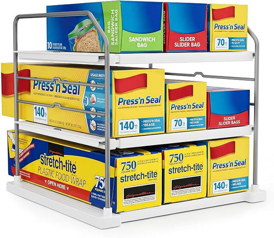 EVERIE Extendable 3-Tier Kitchen Cabinet & Pantry Organizer for Plastic Wrap, Foil & Storage Bags, Adjustable Heavy Duty Shelf Rack for Wrap Boxes, Jars & Snack Boxes (11–16.7 in Wide), Pack of 2 by EVERIE