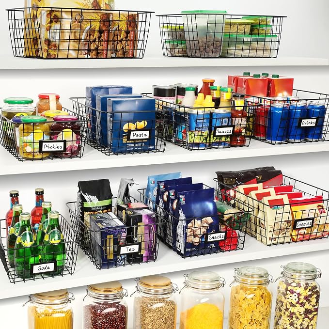 8 Set, Extra Large Wire Baskets for Organizing with Lables, Cabinet Pantry Organization and Storage Bins - Metal Basket for Kitchen, Laundry, Garage, Fridge, Bathroom Countertop Organizer, Black - Image 3