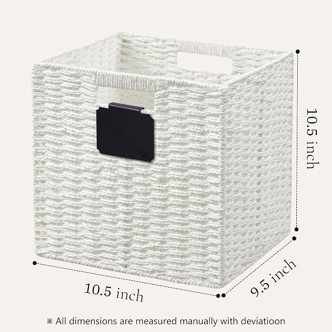 UBBCARE 2 Pack Wicker Basket, 10.5×10.5 Storage Cubes with Label, Foldable Cube Storage Bin with Handle, Square Storage Basket for Shelves, Woven Paper Rope Basket for Organizing, White - Image 2
